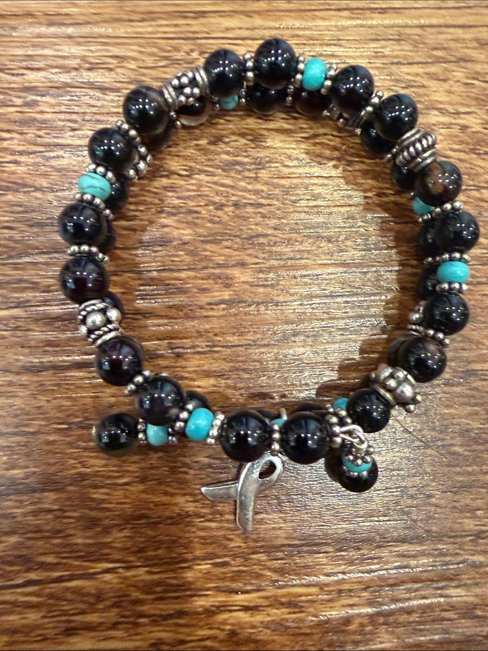 Agate and Turquoise Beaded Wrap Bracelet with Silver Ribbon Charm